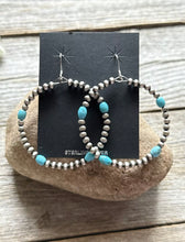 Load image into Gallery viewer, Southwestern Sterling Silver Turquoise Pearls Bead Hoop Earrings 2.5 Inch
