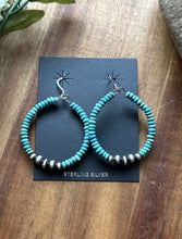 Load image into Gallery viewer, Sterling Silver Blue Turquoise Bead W Pearls Loop Hoop Earrings.