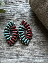 Load image into Gallery viewer, Navajo Native American Sterling Silver Turquoise Coral Cluster Stud Earrings J