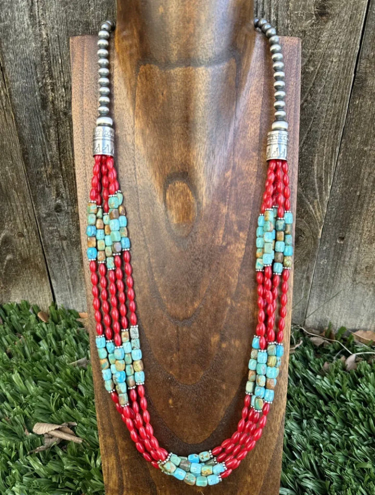 Sterling Silver Blue Green Turquoise Red Coral Pearls Bead Necklace 28 Inch