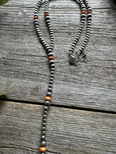 Load image into Gallery viewer, Sterling Silver Orange Spiny Oyster W Pearls Bead Lariat Y Necklace. 26 inch