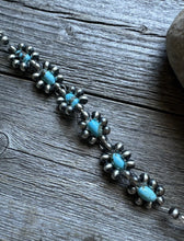 Load image into Gallery viewer, Floral Sterling Silver Turquoise Pearls Bead Bracelet. 6 Inch