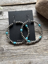Load image into Gallery viewer, Southwestern Sterling Silver Turquoise Pearls Bead Hoop Earrings 2.5 Inch
