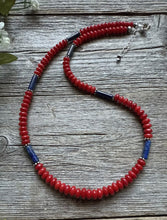 Load image into Gallery viewer, Sterling Silver Red Coral Lapis Bead Necklace. 18 inch Gift