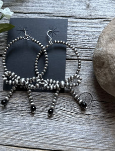 Sterling Silver Bow Black Onyx Pearls Hoop Bead Earrings 3.5 Inch