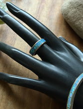 Load image into Gallery viewer, Blue Green Fire Opal Inlay Sterling Silver Bangle Bracelet Ring Set