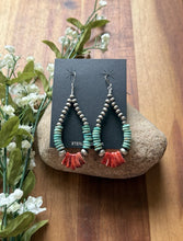 Load image into Gallery viewer, Sterling Silver Turquoise Spiny Oyster Pearls Bead Loop Hoop Earrings. 3 Inch