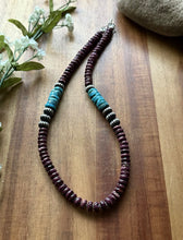 Load image into Gallery viewer, Sterling Silver Turquoise Purple Spiny Oyster Bead Necklace. 18 Inch