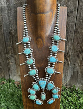 Load image into Gallery viewer, Navajo Sterling Silver Blue Turquoise Squash Blossom Pearls Necklace. K Yazzie