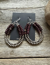 Load image into Gallery viewer, Sterling Silver Double Loop Purple Spiny Oyster Pearls Hoop Earrings.