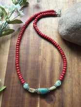 Load image into Gallery viewer, Sterling Silver Red Coral Turquoise Nuggets Bead Necklace 18 inch