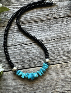 Mens Sterling Silver Black Onyx Turquoise Bead Necklace. 18 Inch