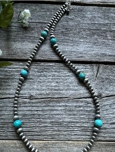 Southwestern Sterling Silver Turquoise 4mm Pearls Bead Necklace. 22 Inch. Gift