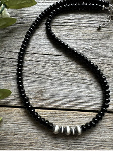 Southwestern 925 Sterling Silver Black Onyx W Pearls Bead Necklace. 18 inch