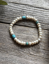 Load image into Gallery viewer, Freshwater Pearls Turquoise 6.5 Inch Stretch Elastic Stretchy Bead Bracelet Gift