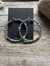 Load image into Gallery viewer, Southwestern Sterling Silver Turquoise Pearls Bead Hoop Earrings 2.5 Inch