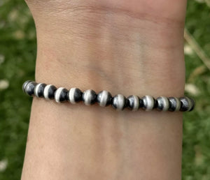 6mm 7 Inch Stretch Sterling Silver Oxidized Pearls Bead Bracelet Southwestern