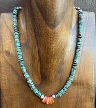 Load image into Gallery viewer, Sterling Silver Graduated Turquoise Heishi Spiny Oyster Bead Necklace 17.5 Inch