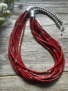 Sterling Silver Multi Strand Red Bamboo Coral Bead Necklace 28 Inch