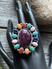 Load image into Gallery viewer, Navajo Sterling Silver Multi Stone Spiny Cluster Adjustable Ring. G James