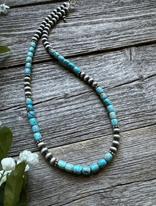 Sterling Silver Blue Turquoise W Pearls Bead Necklace. 18 inch