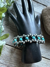 Load image into Gallery viewer, Floral Sterling Silver Blue Turquoise Pearls Bead Bracelet. 7 Inch