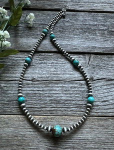 Southwestern Sterling Silver Turquoise 4mm Pearls Bead Necklace. 24 Inch. Gift