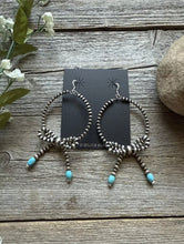 Load image into Gallery viewer, Sterling Silver Bow Blue Turquoise Pearls Hoop Bead Earrings 3.5 Inch