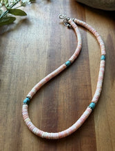 Load image into Gallery viewer, Sterling Silver Heishi Pink Conch Turquoise Bead Necklace 18 Inch