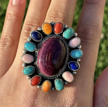 Load image into Gallery viewer, Navajo Sterling Silver Multi Stone Spiny Cluster Adjustable Ring. G James