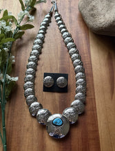 Load image into Gallery viewer, Navajo Sterling Silver Turquoise Stamped Pillow Beads Bead Necklace Earrings 22”