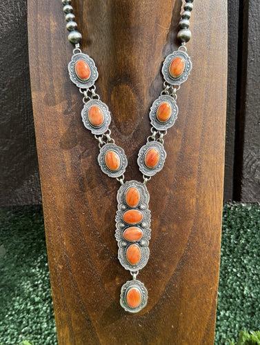 Navajo Sterling Silver Orange Spiny Oyster Chain Lariat Bead Necklace Etta E