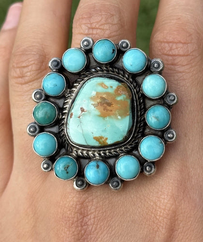 Native American Sterling Silver Blue Turquoise Cluster Adjustable Ring. K Yazzie