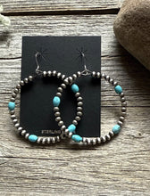 Load image into Gallery viewer, Southwestern Sterling Silver Turquoise Pearls Bead Hoop Earrings 2.5 Inch
