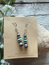 Load image into Gallery viewer, Sterling Silver Blue Turquoise W Pearls Bead Drop Earrings. 1.75 Inch