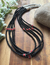 Load image into Gallery viewer, Sterling Silver Multi Strand Black Onyx Red Coral Bead Necklace. 22 Inch