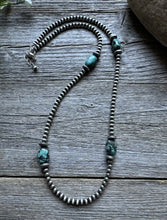 Load image into Gallery viewer, Sterling Silver Turquoise Nuggets W Pearls Bead Necklace. 22 inch