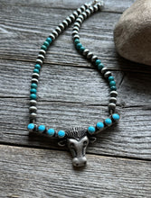Load image into Gallery viewer, Navajo Sterling Silver Blue Turquoise Bar Pearls Necklace 16 inch Kevin Billah