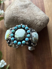 Load image into Gallery viewer, Native American Sterling Silver Palomino Turquoise Cluster Cuff Bracelet. RY
