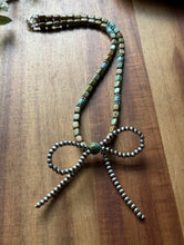 Load image into Gallery viewer, Bow Sterling Silver Blue Green Turquoise Pearls Bead Necklace. 18 inch Gift