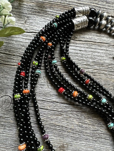 Sterling Silver Multi Strand Black Onyx Multi Stone Bead Necklace. 24 Inch