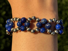 Load image into Gallery viewer, Floral Sterling Silver Blue Lapis Pearls Bead Bracelet. 7 Inch