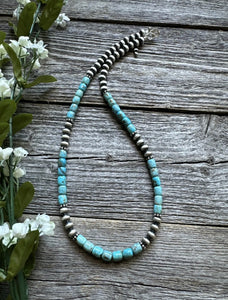 Sterling Silver Blue Turquoise W Pearls Bead Necklace. 18 inch