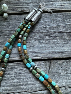 Sterling Silver Multi 2 Strand Blue Green Turquoise Bead Necklace. 20 inch