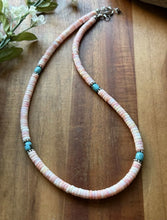 Load image into Gallery viewer, Sterling Silver Heishi Pink Conch Turquoise Bead Necklace 18 Inch
