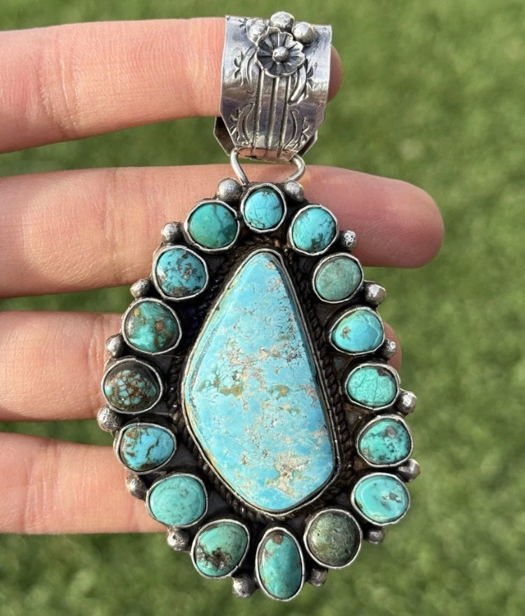 Navajo Sterling Silver Turquoise Cluster Pendant. C Yazzie Gift
