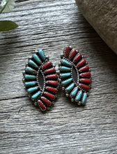 Load image into Gallery viewer, Navajo Native American Sterling Silver Turquoise Coral Cluster Stud Earrings J