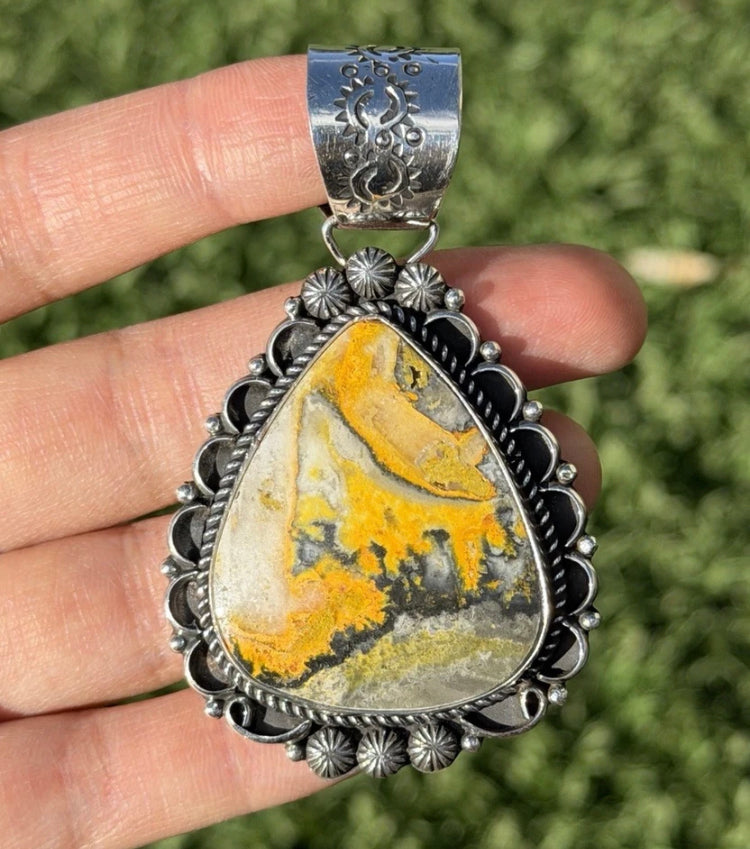 Native Navajo Sterling Silver Yellow Bumblebee Jasper Pendant Etta Enditto Gift