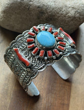 Load image into Gallery viewer, Navajo Native Sterling Silver Red Coral Turquoise Cluster Cuff Bracelet T Jon