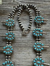 Load image into Gallery viewer, Vintage Navajo Sterling Silver Blue Turquoise Squash Blossom Pearls Necklace T